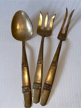 Set of 3 Vintage Bronze Serving Spoon & Fork + Carving Fork with embossed design